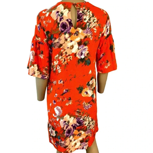 H&M Watercolor Floral Shift Dress Women Size 6 Bell Sleeves Casual Viscose - Picture 2 of 16